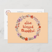 感謝祭の花のリースメッセージ付き ポストカード (正面/裏面)