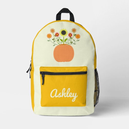 感謝祭の花inカボチャ名前をカスタムする プリントバックパック (正面)