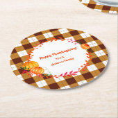 感謝祭の茶色の白い格子状のカボチャ ラウンドペーパーコースター (アングル)