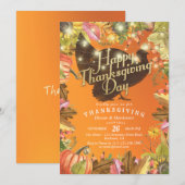 感謝祭の食事七面鳥かぼちゃと秋の葉 招待状 (正面/裏面)