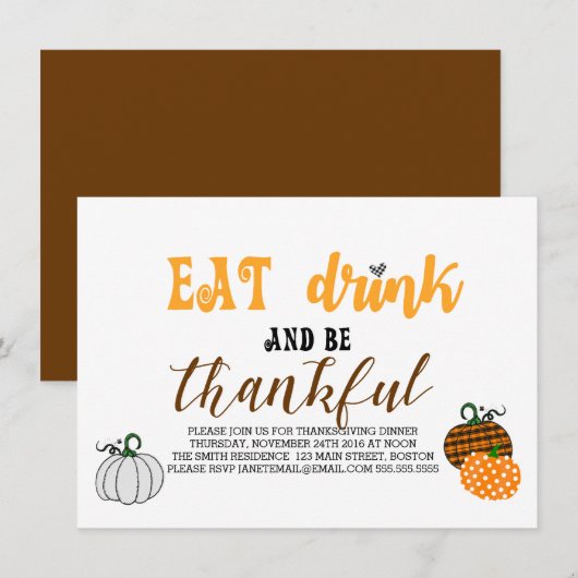 感謝祭の食事会 Eat Drink And Be Thankful 感謝祭パーティー 招待状 (正面/裏面)