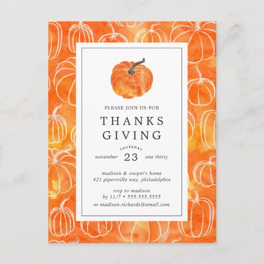 感謝祭の食事 | 水彩画のカボチャ ポストカード (正面)