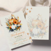 感謝祭の食事 水彩 花 ピンクのカボチャ 招待状