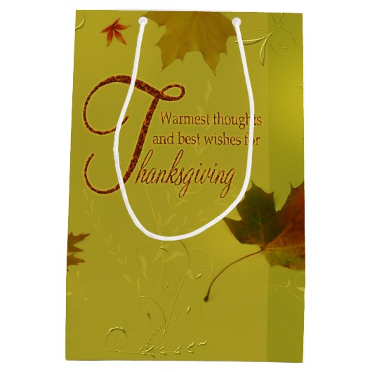 感謝祭ウィッシュタイポグラフィ葉 ミディアムペーパーバッグ (裏面)