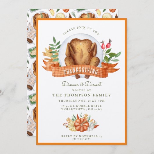 感謝祭ウォーターカラーターキーディナー招待状 招待状 (正面/裏面)