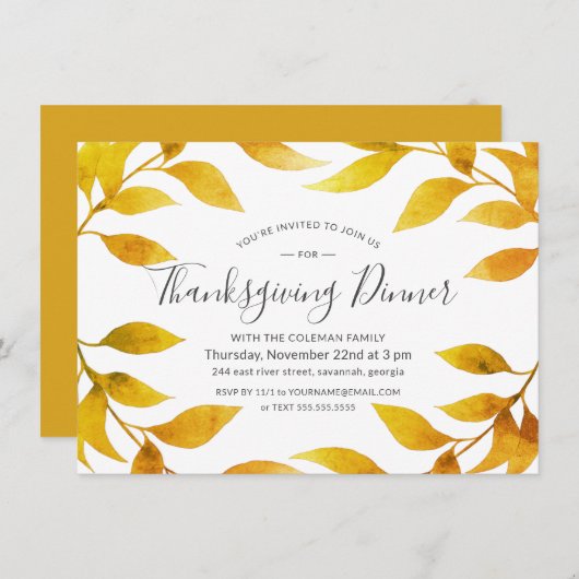 感謝祭ウォーターカラー秋金ゴールドウィローリース 招待状 (正面/裏面)