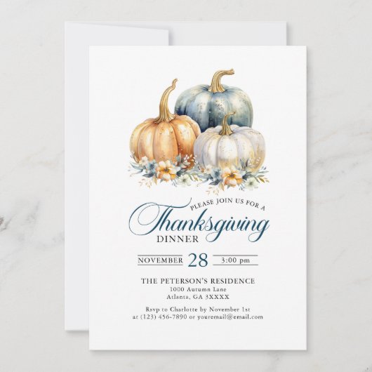 感謝祭エレガントディナーブルー金ゴールドカボチャ 招待状 (正面)