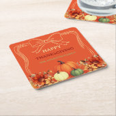 感謝祭オレンジ色のカボチャの弓の手を引いた スクエアペーパーコースター (アングル)