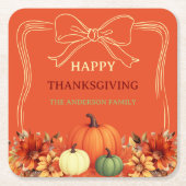 感謝祭オレンジ色のカボチャの弓の手を引いた スクエアペーパーコースター (正面)