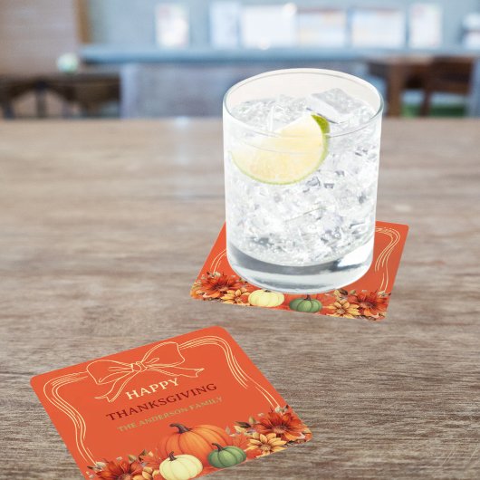 感謝祭オレンジ色のカボチャの弓の手を引いた スクエアペーパーコースター