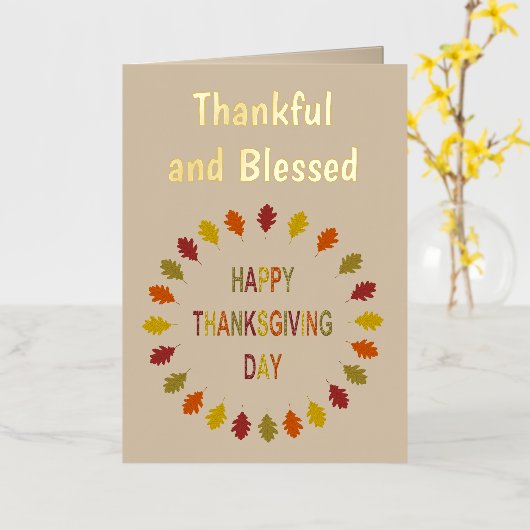 感謝祭オーク葉カスタム 箔グリーティングカード (黄色い花)