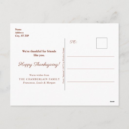 感謝祭オータムファインアートホリデーハガキ シーズンポストカード (裏面)