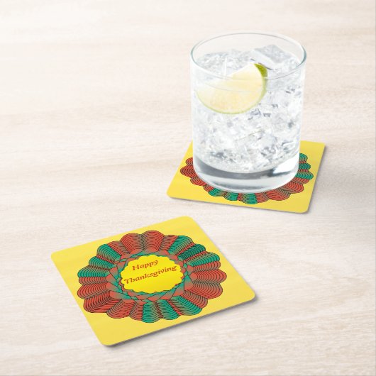 感謝祭ジオメトリオレンジグリーン金ゴールド円形 スクエアペーパーコースター (インサイチュ)