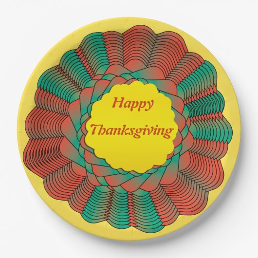 感謝祭ジオメトリオレンジグリーン金ゴールド円形 ペーパープレート (正面)