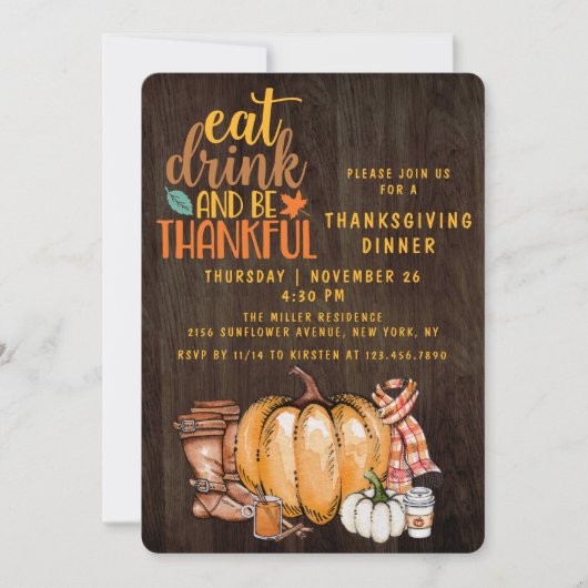 感謝祭ディナモダンー秋ウォーターカラーパンプキン 招待状 (正面)