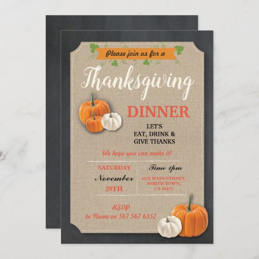 感謝祭ディナーのための手作りチョーク招待状 招待状 (正面/裏面)