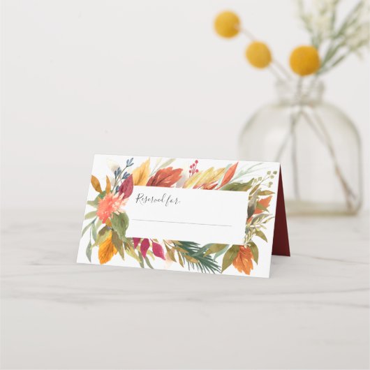 感謝祭ディナーの水彩秋の葉 プレイスカード (正面)