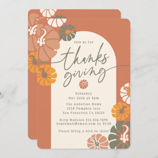 感謝祭ディナーアーチ秋テラコッタパンプキンス 招待状 (正面/裏面)