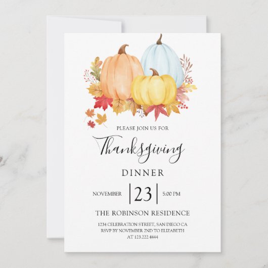 感謝祭ディナーウォーターカラーパンプキモダンン 招待状 (正面)