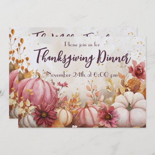 感謝祭ディナーウォーターカラーパンプキンス招待状 招待状 (正面/裏面)