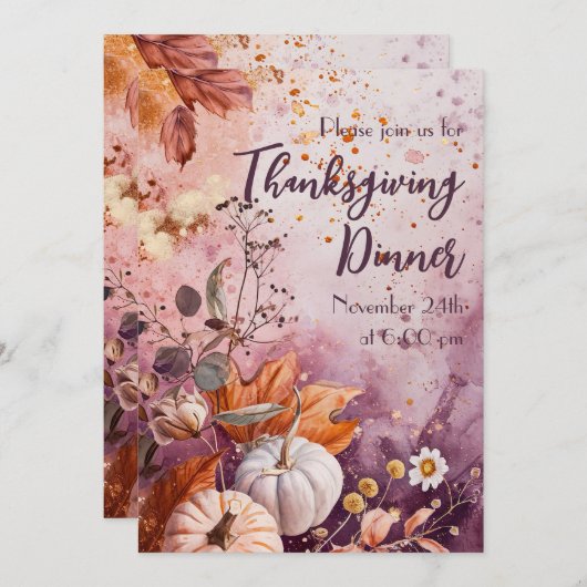 感謝祭ディナーウォーターカラーパンプキンス招待状 招待状 (正面/裏面)