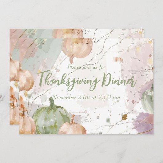 感謝祭ディナーウォーターカラーパンプキン招待状 招待状 (正面/裏面)