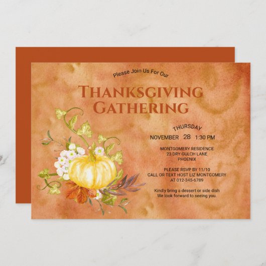 感謝祭ディナーウォーターカラーパンプキン葉 招待状 (正面/裏面)