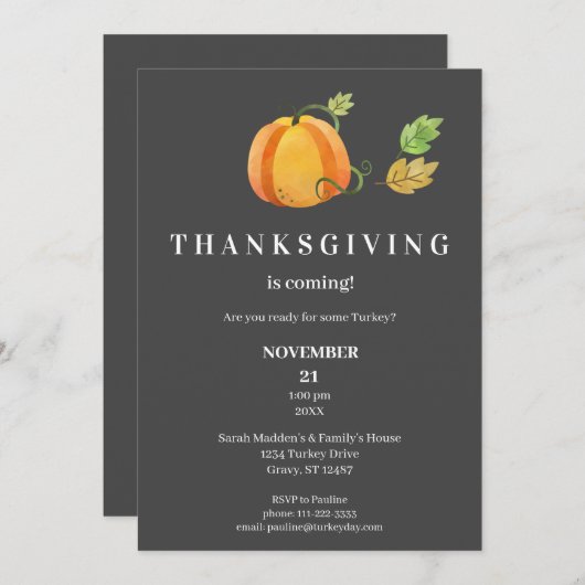 感謝祭ディナーウォーターカラーパンプキン – ダークグレー 招待状 (正面/裏面)