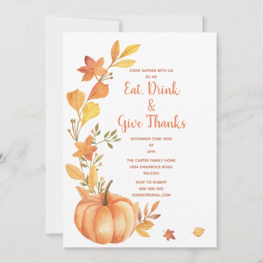 感謝祭ディナーウォーターカラーパンプキン 招待状 (正面)