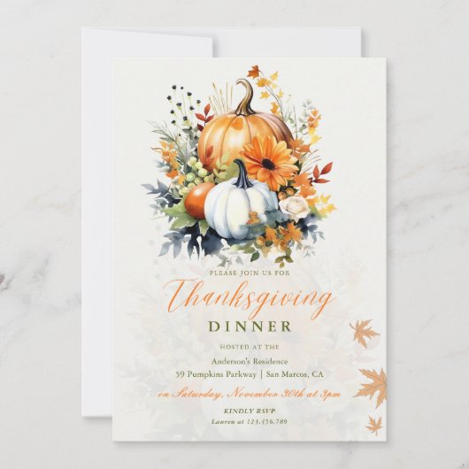 感謝祭ディナーウォーターカラーフローラカボチャ 招待状 (正面)