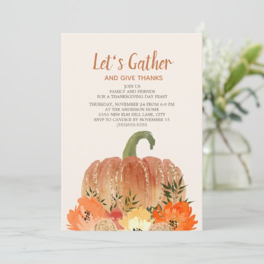 感謝祭ディナーオレンジカボチャ金ゴールドグリーン 招待状 (スタンド正面)