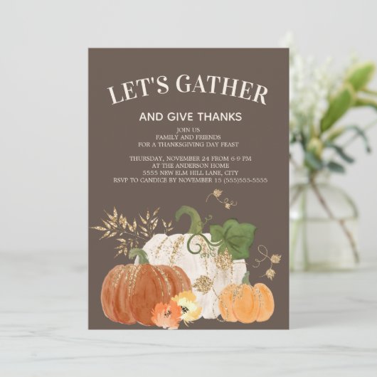 感謝祭ディナーオレンジホワイトパンプキンズブラウン 招待状 (スタンド正面)