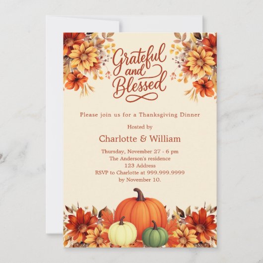 感謝祭ディナーオレンジ色のカボチャの花 招待状 (正面)