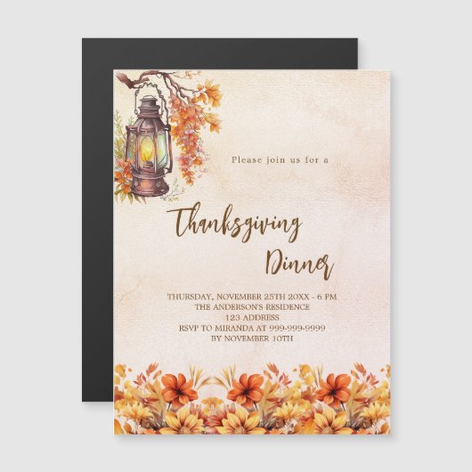 感謝祭ディナーオレンジ色の花ヴィンテージ贅沢 マグネット招待状 (正面/裏面)