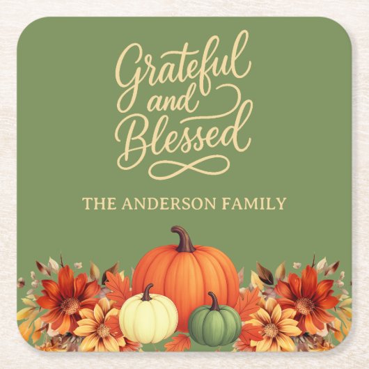 感謝祭ディナーカボチャ緑の感謝賛美 スクエアペーパーコースター (正面)