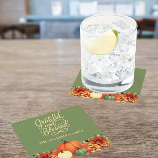 感謝祭ディナーカボチャ緑の感謝賛美 スクエアペーパーコースター