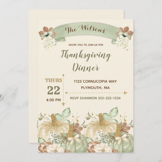 感謝祭ディナーグリーンアイボリーブラウン金ゴールド 招待状 (正面/裏面)