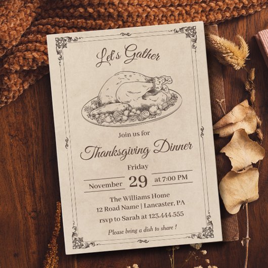 感謝祭ディナートルコ素朴ヴィンテージ秋 招待状