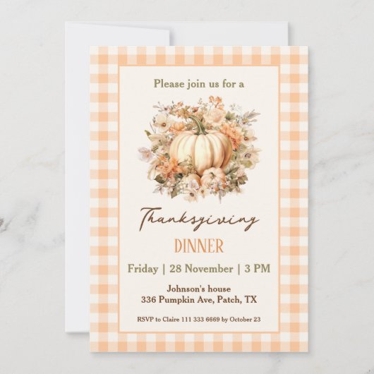 感謝祭ディナーパンプキンオレンジギンガム 招待状 (正面)