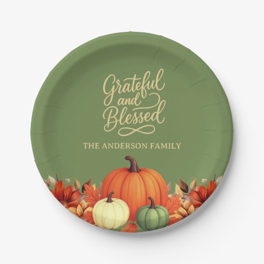 感謝祭ディナーパンプキングリーン感謝 ペーパープレート (正面)