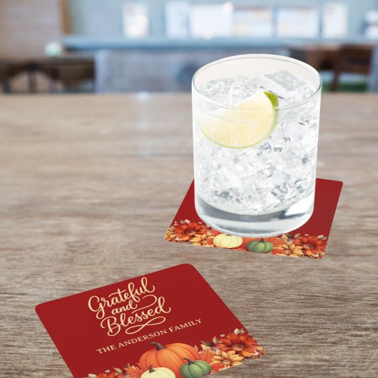 感謝祭ディナーパンプキンテラコッタ感謝 スクエアペーパーコースター