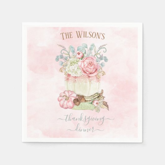感謝祭ディナーパンプキンピンクグリーンナプキン スタンダードカクテルナプキン (正面)