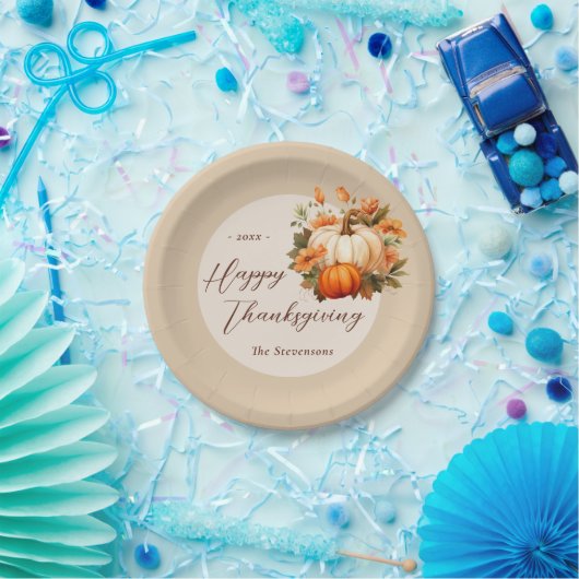 感謝祭ディナーパンプキンフローラスクリプトベージュ ペーパープレート (パーティー)