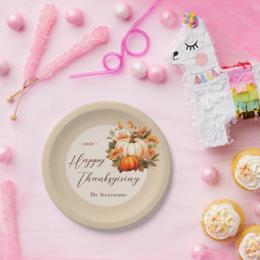 感謝祭ディナーパンプキンフローラスクリプトベージュ ペーパープレート (パーティー)