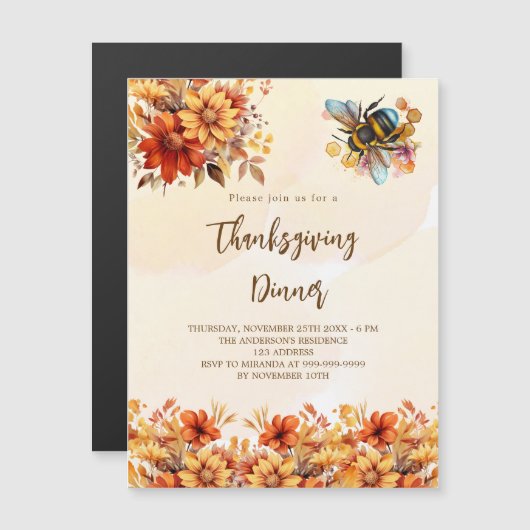 感謝祭ディナーパーティーオレンジフローラビー豪華 マグネット招待状 (正面/裏面)