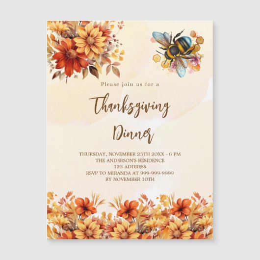 感謝祭ディナーパーティーオレンジフローラビー豪華 マグネット招待状 (正面)