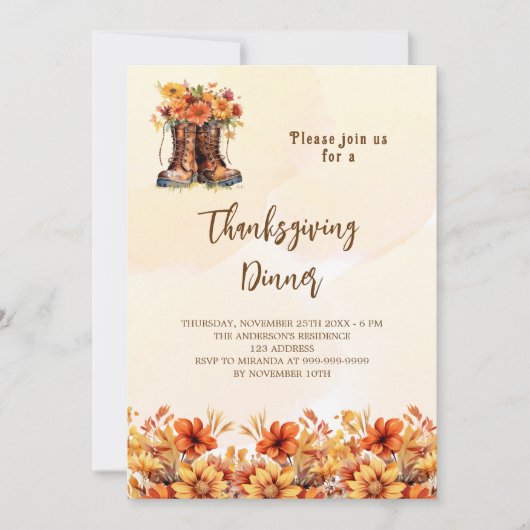 感謝祭ディナーパーティーオレンジ秋フローラブーツ 招待状 (正面)