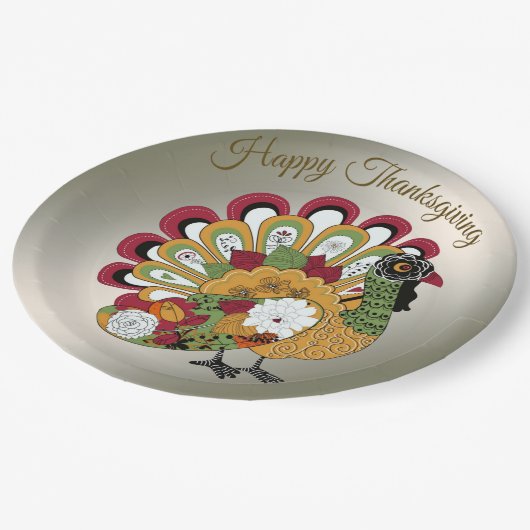 感謝祭ディナーパーティーカラフルフローラトルコ ペーパープレート (アングル)
