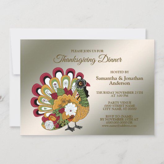 感謝祭ディナーパーティーカラフルフローラトルコ 招待状 (裏面)