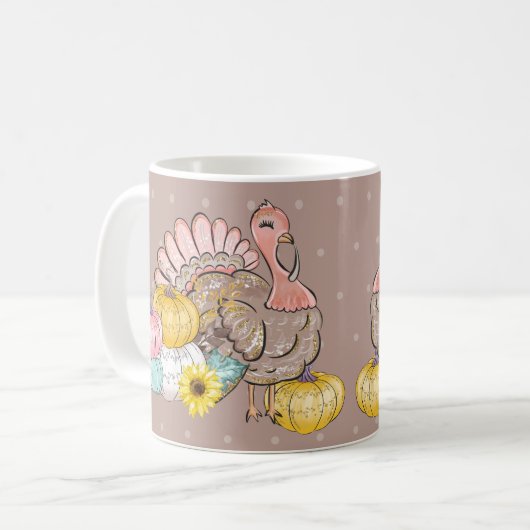 感謝祭ディナーパーティーターキーパンプキンピンクタン コーヒーマグカップ (正面左)